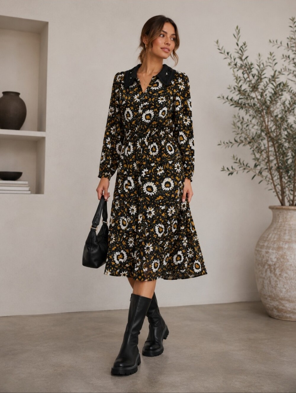 Walter Baker Black and‎ Brown Floral Long Sleeve Dress